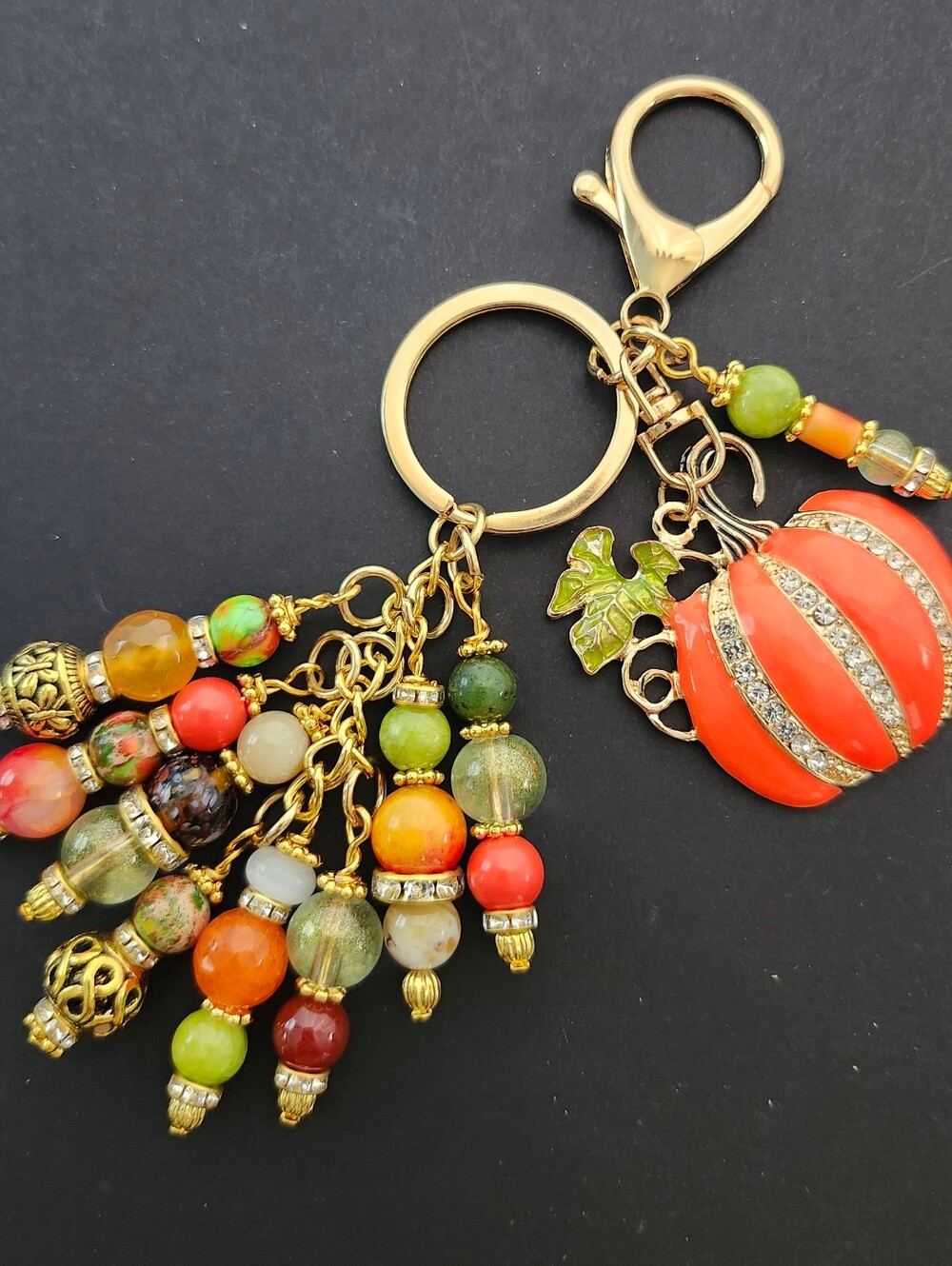 Pumpkin Bag Charm or Keychain Rhinestone Jade Agate Carnelian Handcrafted